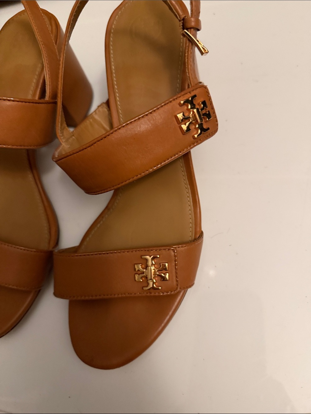 Tory Burch Cognac Leather Double-Strap Slingback Sandals with Gold Logo - Picture 2 of 11
